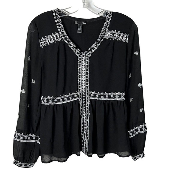 Aqua - Boho Black White Embroidered Long Sheer Sleeve Peasant Top Blouse Small - Picture 1 of 6
